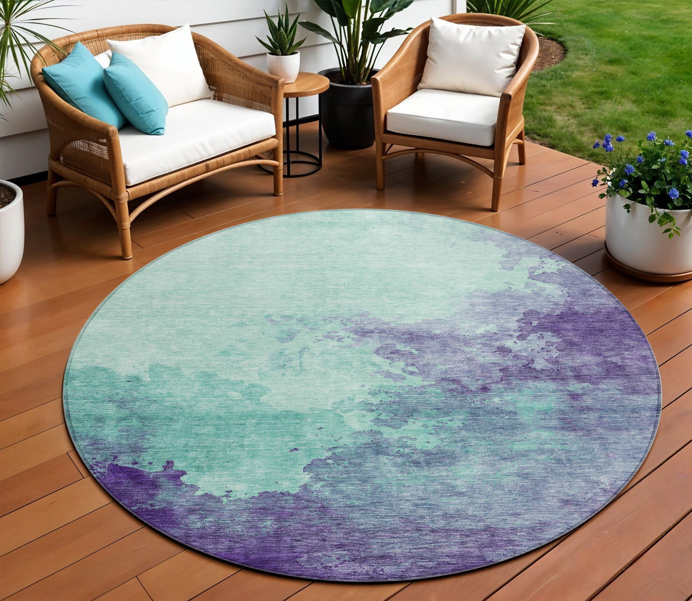 8' Blue And Purple Round Abstract Washable Indoor Outdoor Area Rug