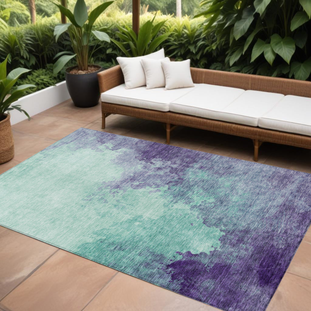 10' X 14' Blue And Purple Abstract Washable Indoor Outdoor Area Rug