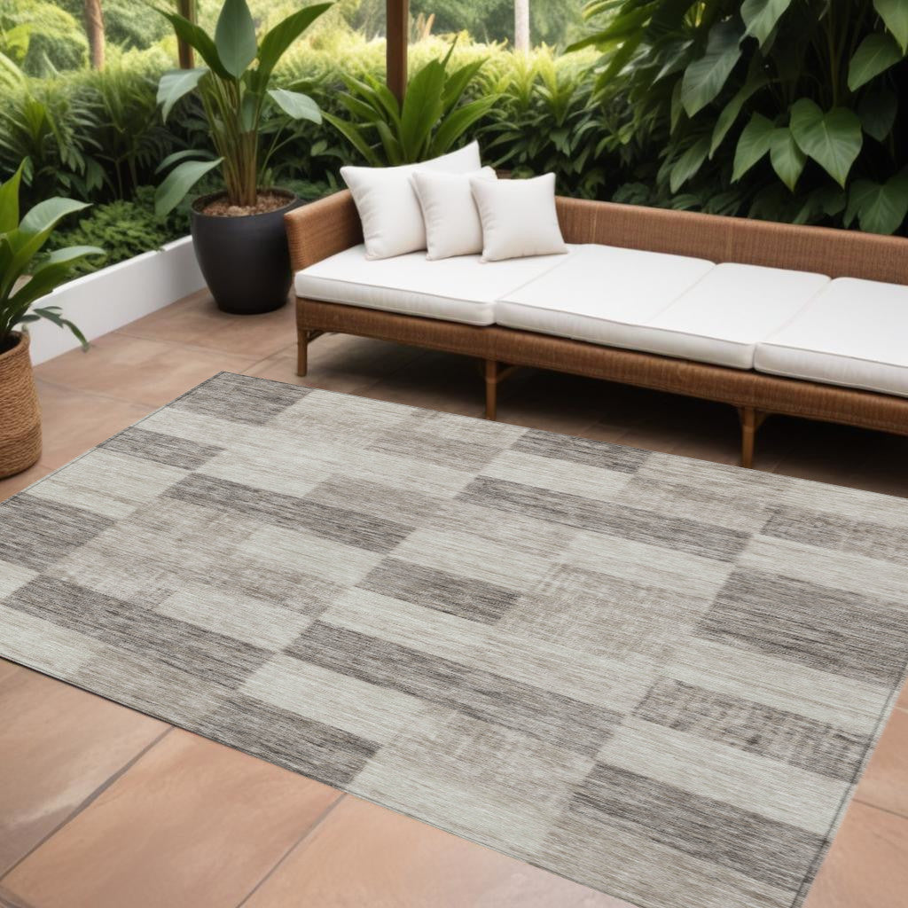 9' X 12' Beige And Gray Geometric Washable Indoor Outdoor Area Rug