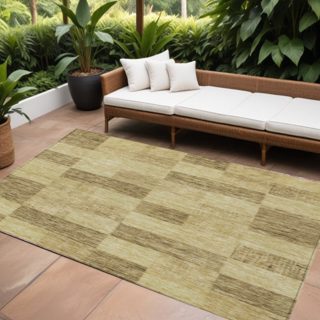 9' X 12' Gold And Brown Geometric Washable Indoor Outdoor Area Rug