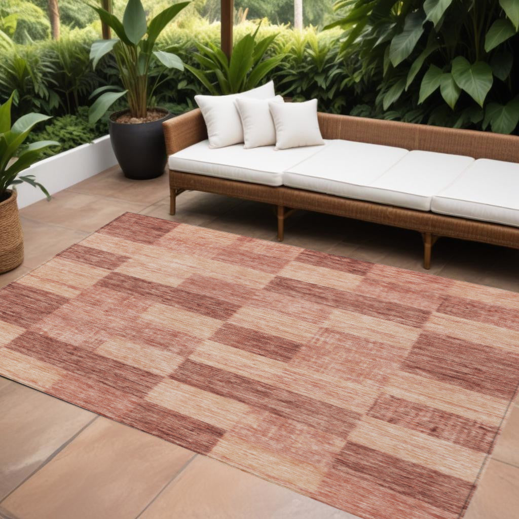 9' X 12' Terra Cotta And Pink Geometric Washable Indoor Outdoor Area Rug