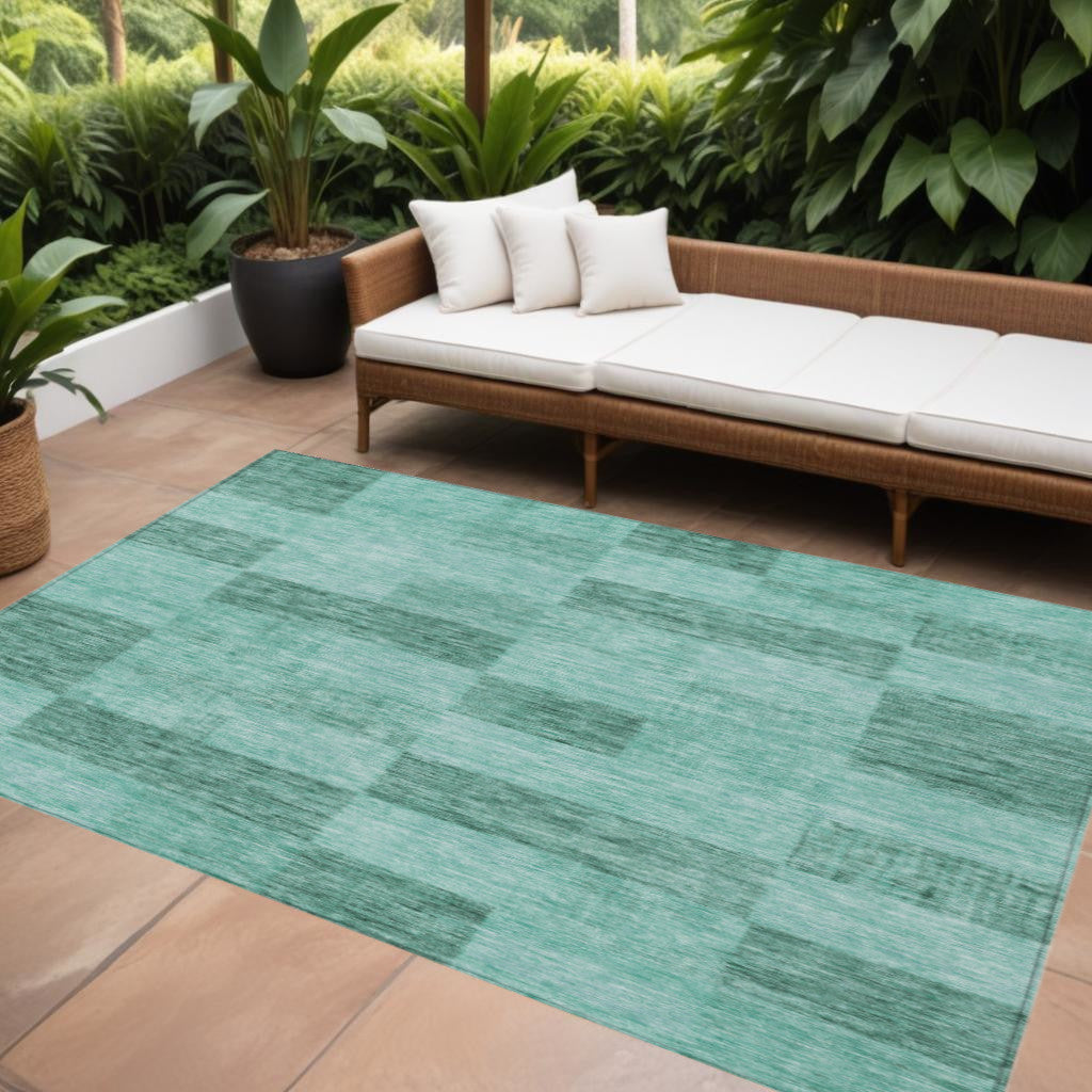 10' X 14' Blue And Aqua Geometric Washable Indoor Outdoor Area Rug