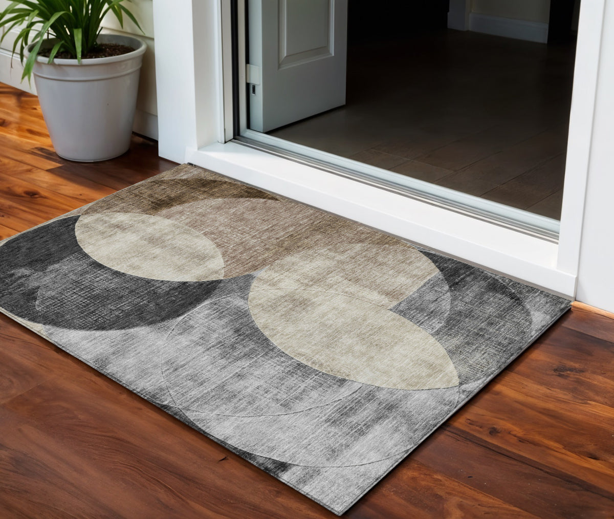 3' X 5' Pewter Brown And Charcoal Geometric Washable Indoor Outdoor Area Rug