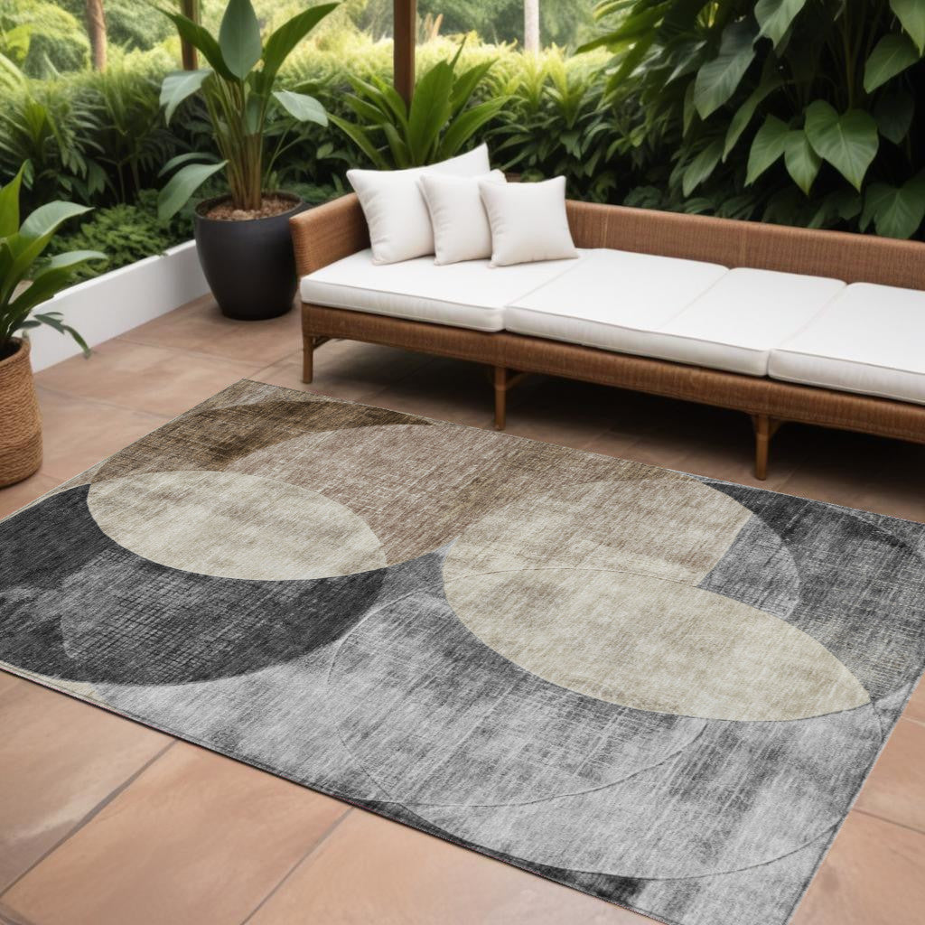 9' X 12' Pewter Brown And Charcoal Geometric Washable Indoor Outdoor Area Rug