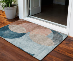 3' X 5' Rust Beige And Teal Blue Geometric Washable Indoor Outdoor Area Rug