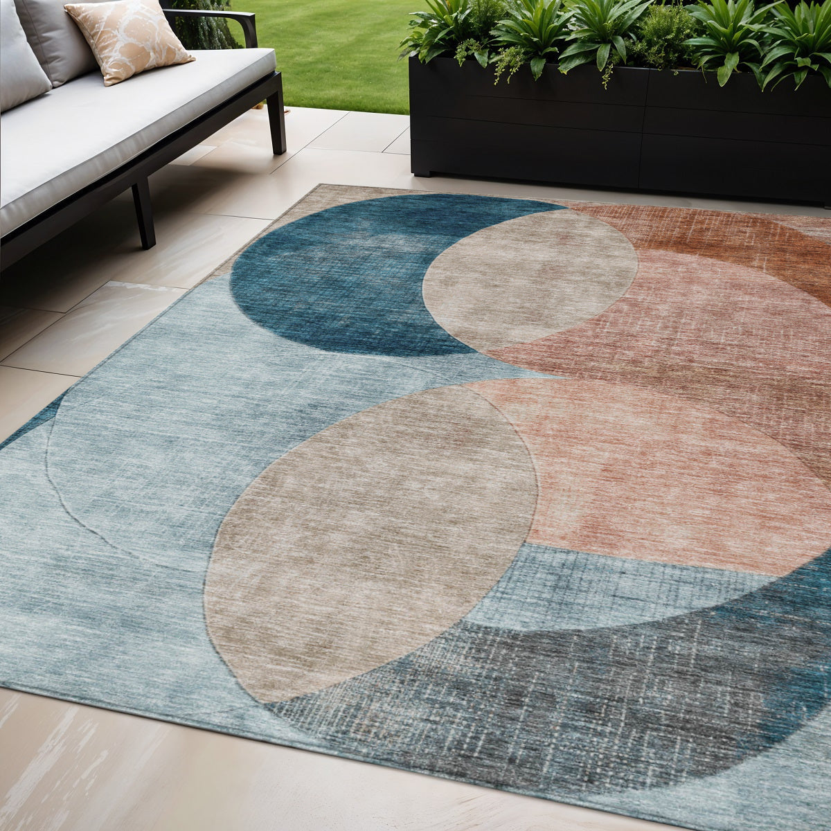 5' X 8' Rust Beige And Teal Blue Geometric Washable Indoor Outdoor Area Rug