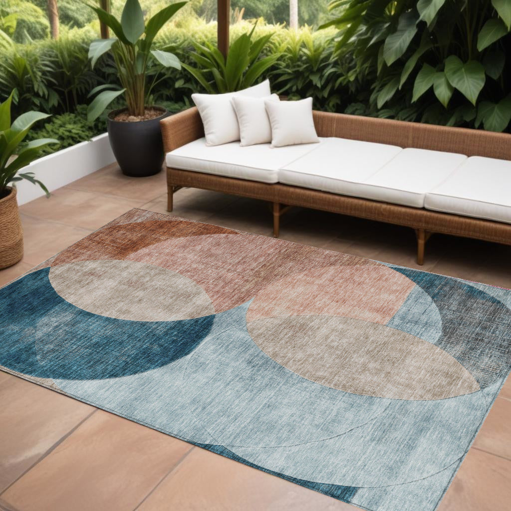 9' X 12' Rust Beige And Teal Blue Geometric Washable Indoor Outdoor Area Rug