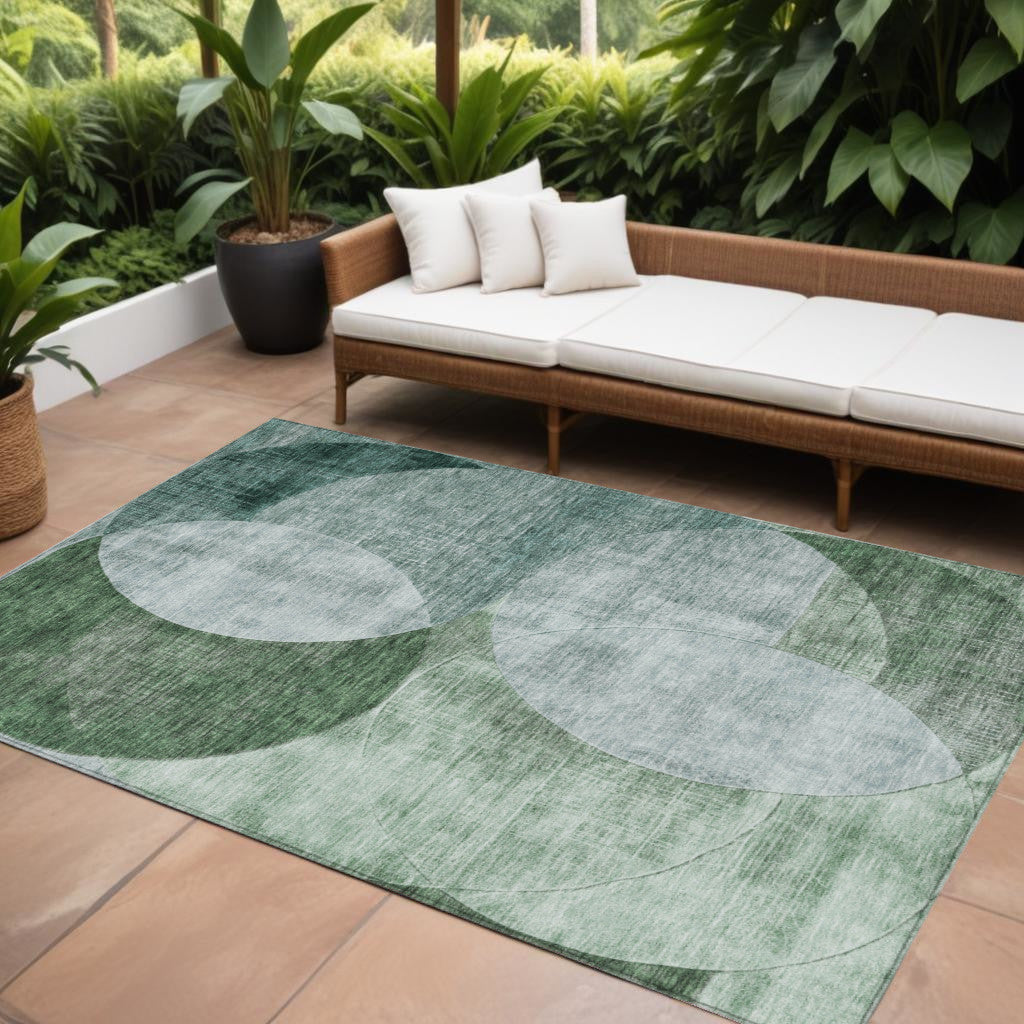 9' X 12' Mint Green And Fern Green Geometric Washable Indoor Outdoor Area Rug