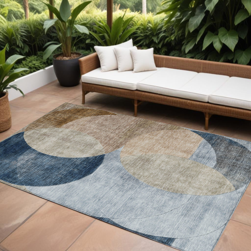 9' X 12' Sky Blue Brown And Beige Geometric Washable Indoor Outdoor Area Rug