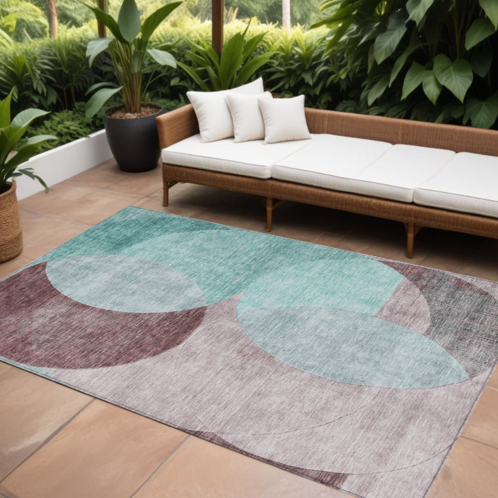 9' X 12' Teal Blue Brown And Beige Geometric Washable Indoor Outdoor Area Rug