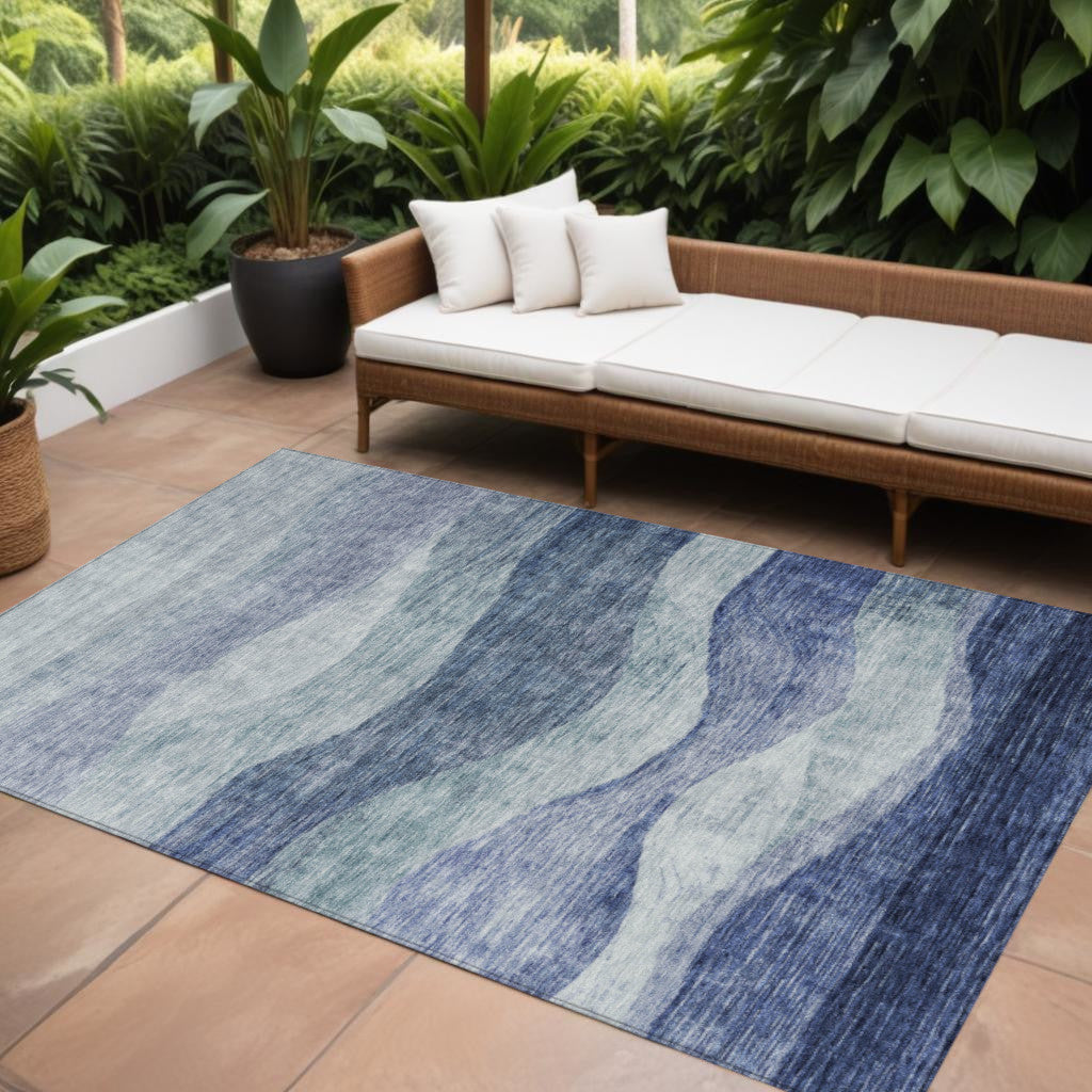 9' X 12' Light Blue And Dark Blue Abstract Washable Indoor Outdoor Area Rug