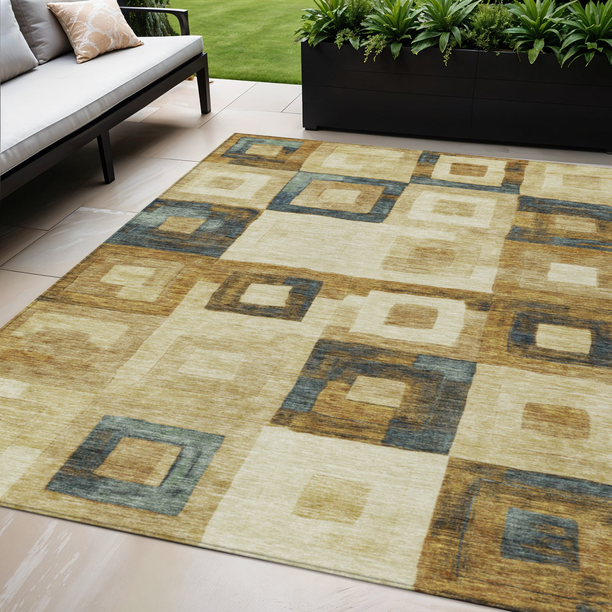 5' X 8' Beige Gold And Denim Blue Geometric Washable Indoor Outdoor Area Rug