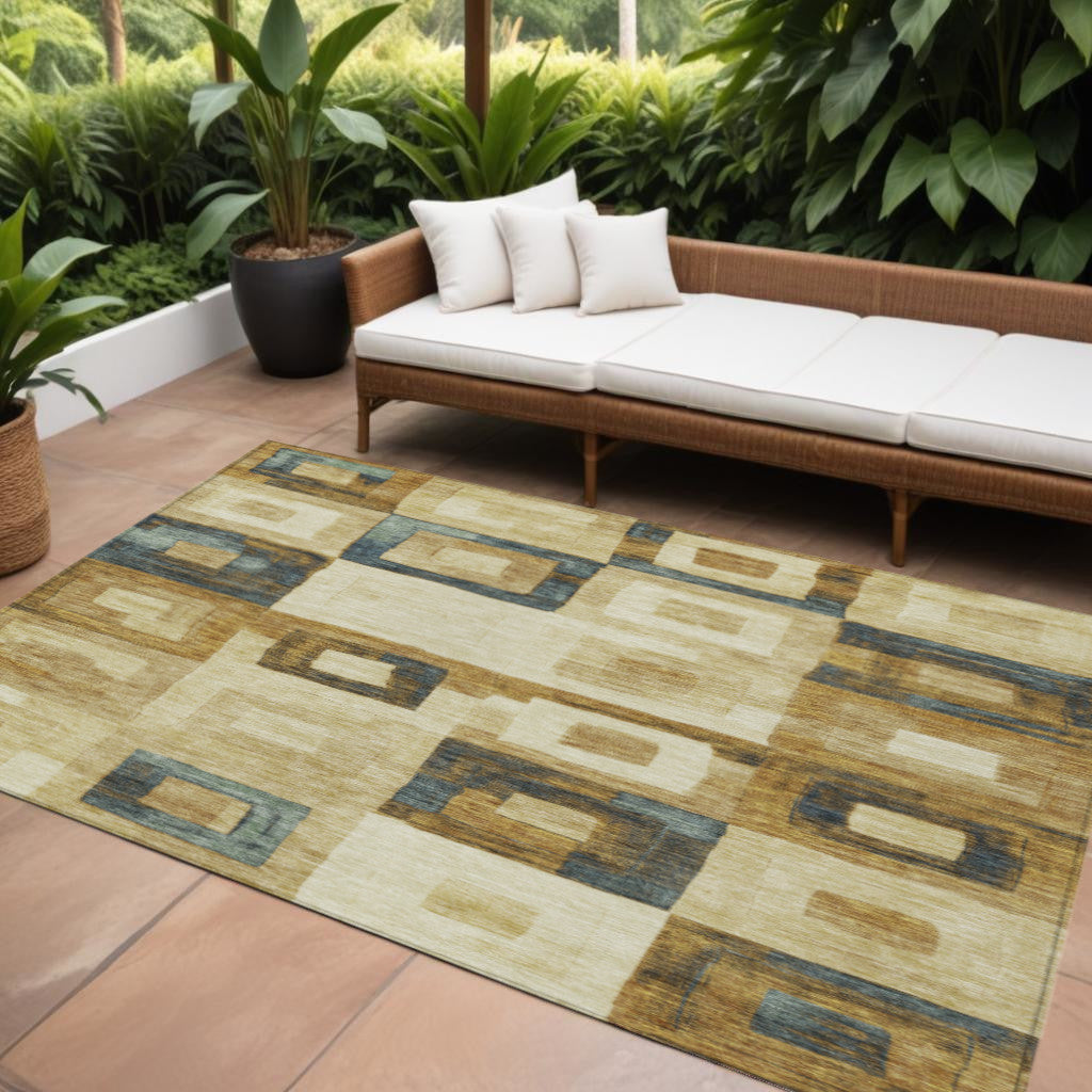 10' X 14' Beige Gold And Denim Blue Geometric Washable Indoor Outdoor Area Rug