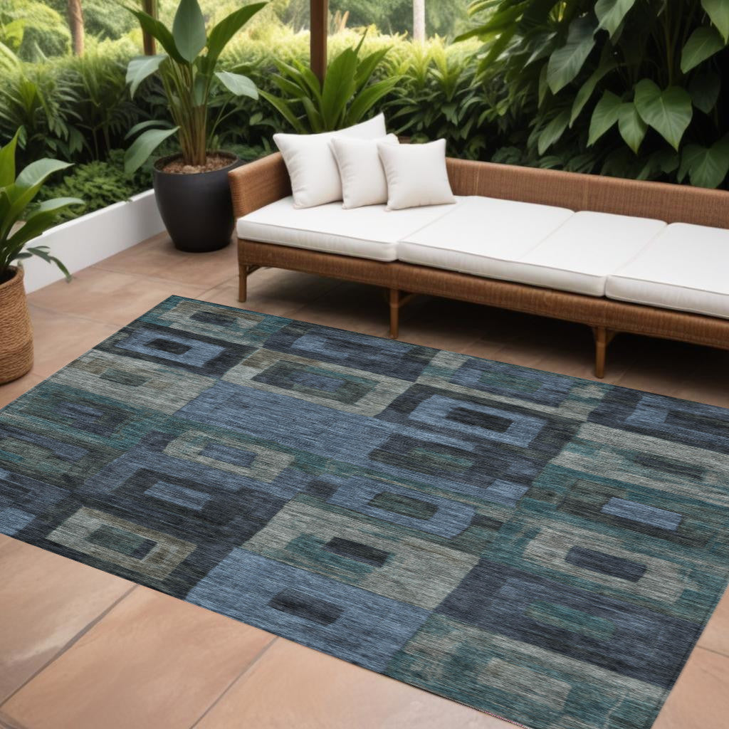 10' X 14' Blue Gray And Charcoal Geometric Washable Indoor Outdoor Area Rug