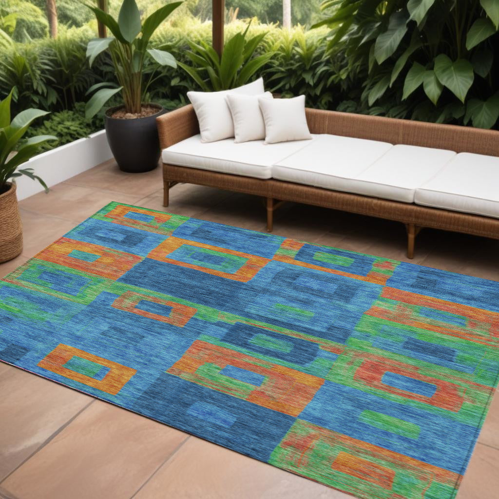 9' X 12' Denim Blue Green And Copper Geometric Washable Indoor Outdoor Area Rug