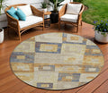 8' Linen Blue And Copper Round Geometric Washable Indoor Outdoor Area Rug