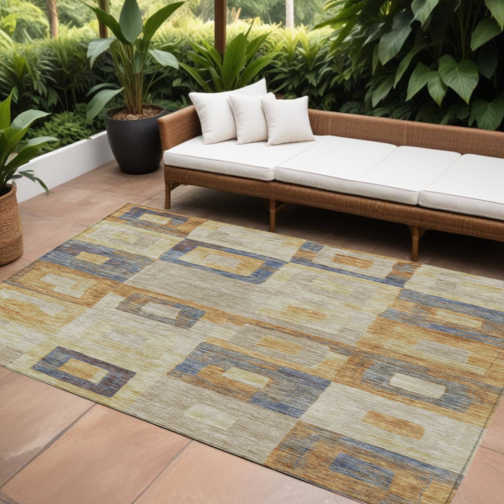 9' X 12' Linen Blue And Copper Geometric Washable Indoor Outdoor Area Rug