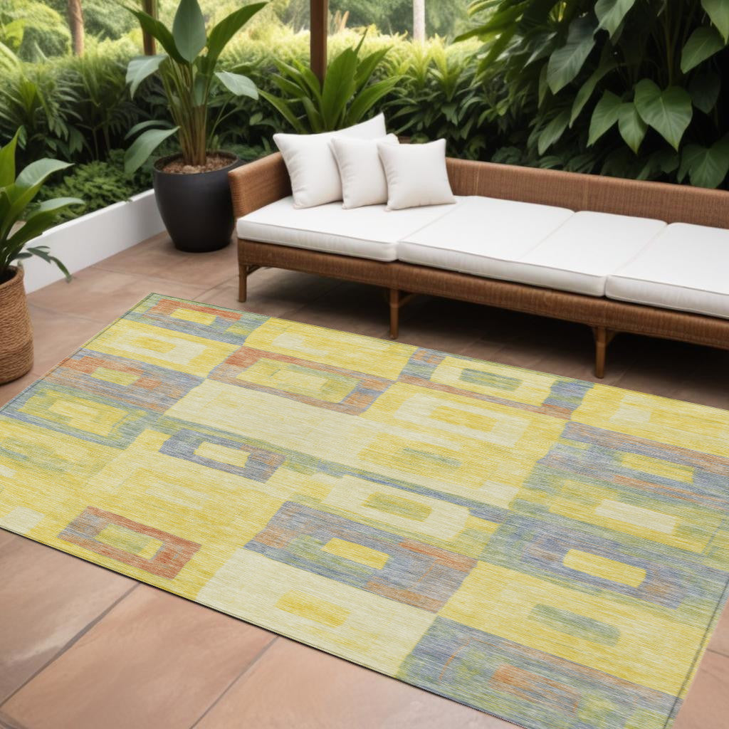 9' X 12' Yellow Blue And Terra Cotta Geometric Washable Indoor Outdoor Area Rug