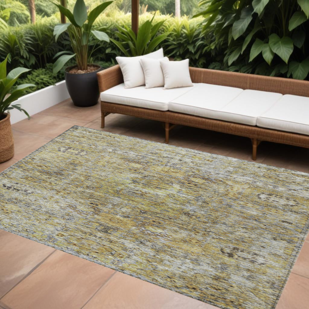 10' X 14' Artichoke Green Beige And Black Floral Washable Indoor Outdoor Area Rug