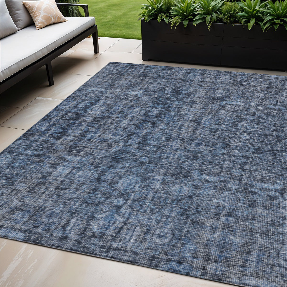 5' X 8' Blue And Black Damask Washable Indoor Outdoor Area Rug
