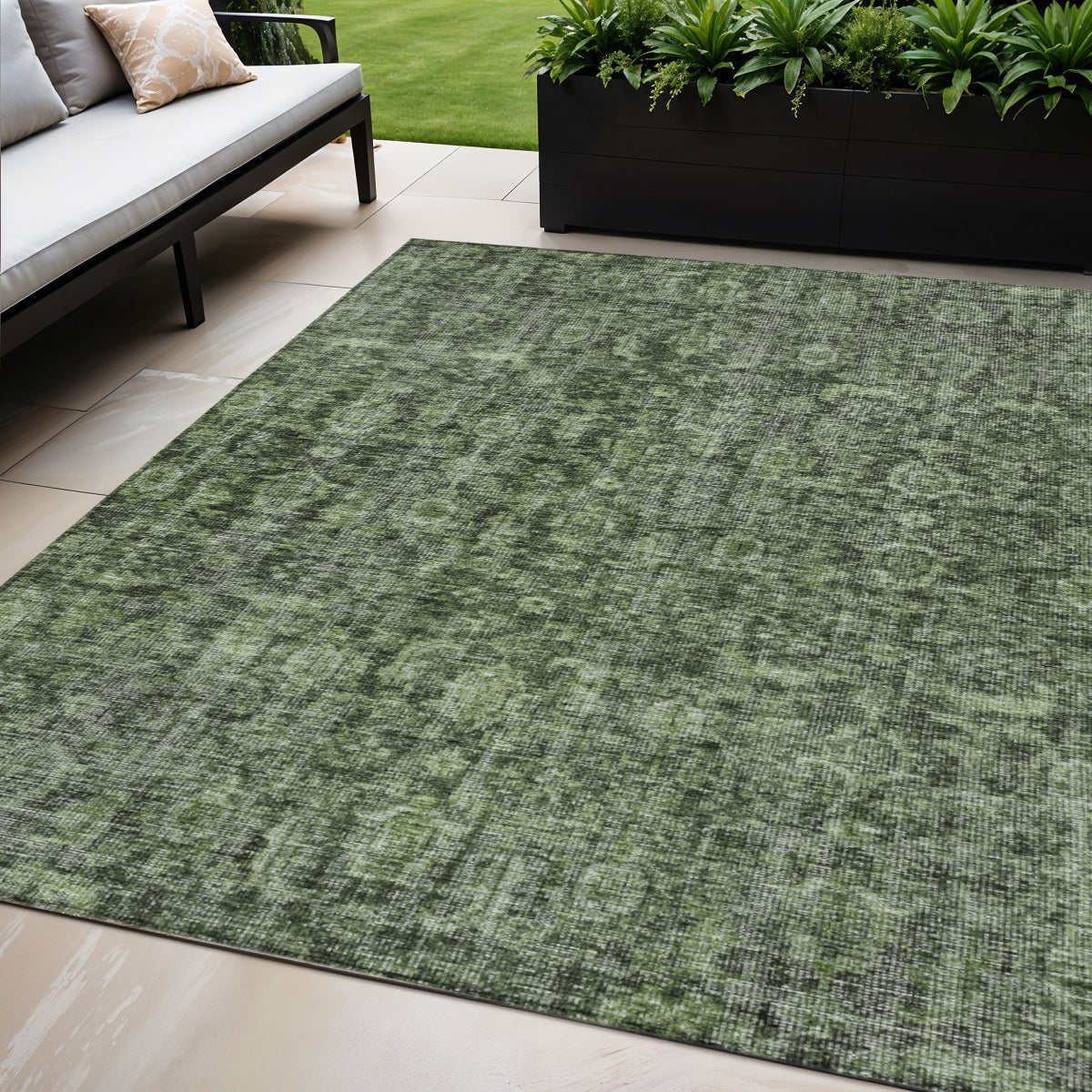 5' X 8' Artichoke Green And Black Damask Washable Indoor Outdoor Area Rug