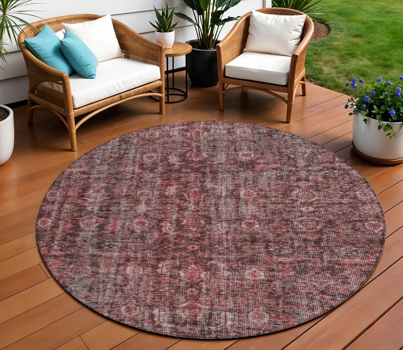 8' Pink And Brick Red Round Damask Washable Indoor Outdoor Area Rug