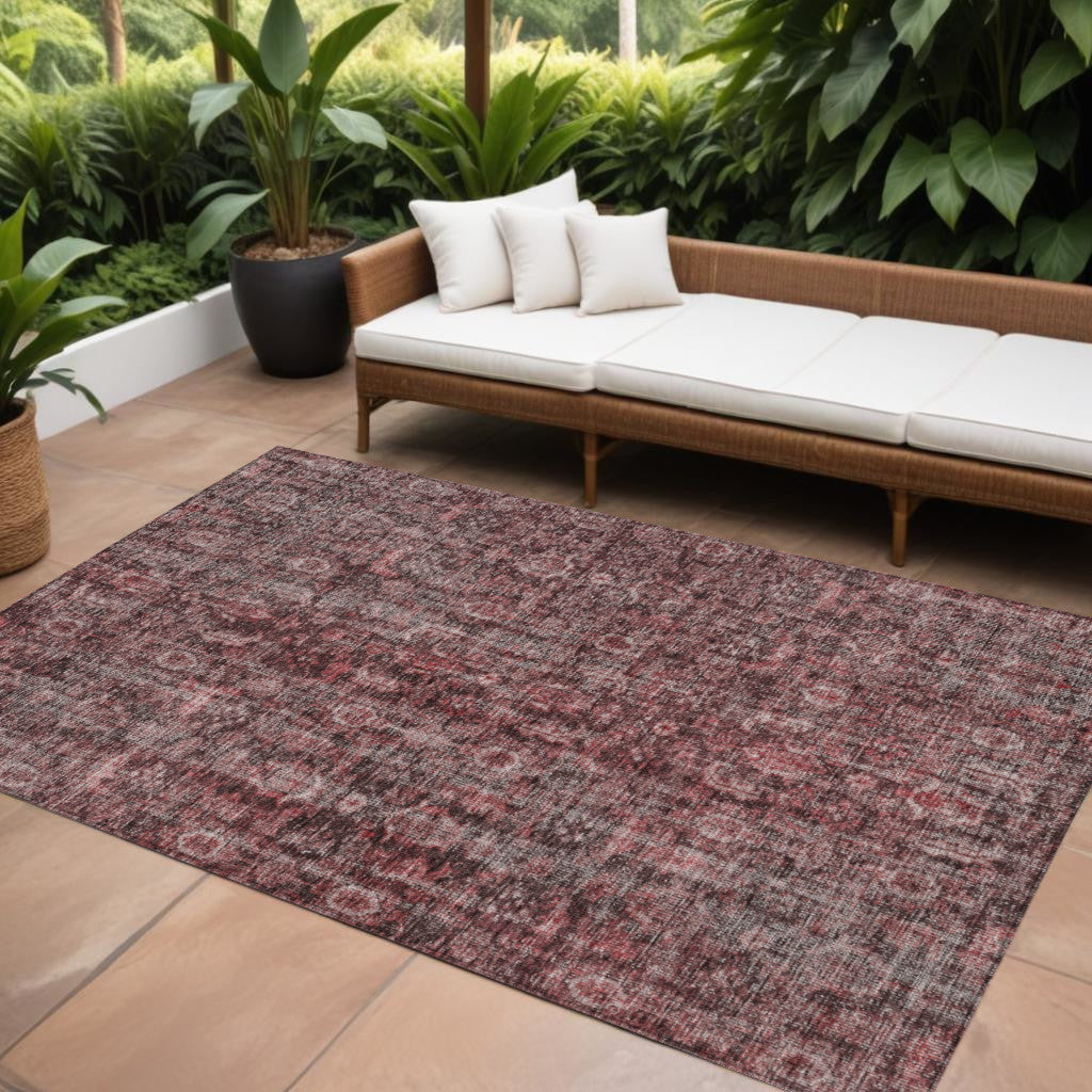 9' X 12' Pink And Brick Red Damask Washable Indoor Outdoor Area Rug