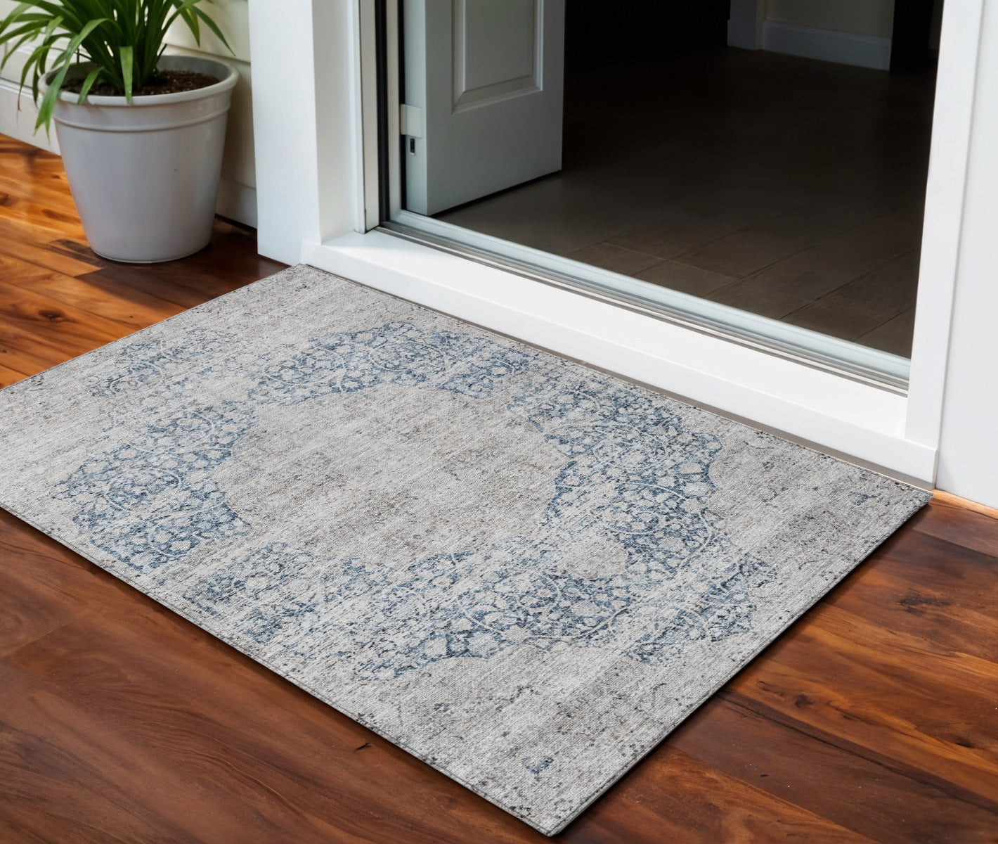3' X 5' Blue And Ivory Oriental Washable Indoor Outdoor Area Rug