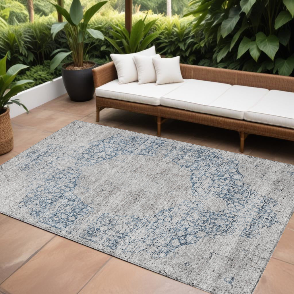 10' X 14' Blue And Ivory Oriental Washable Indoor Outdoor Area Rug
