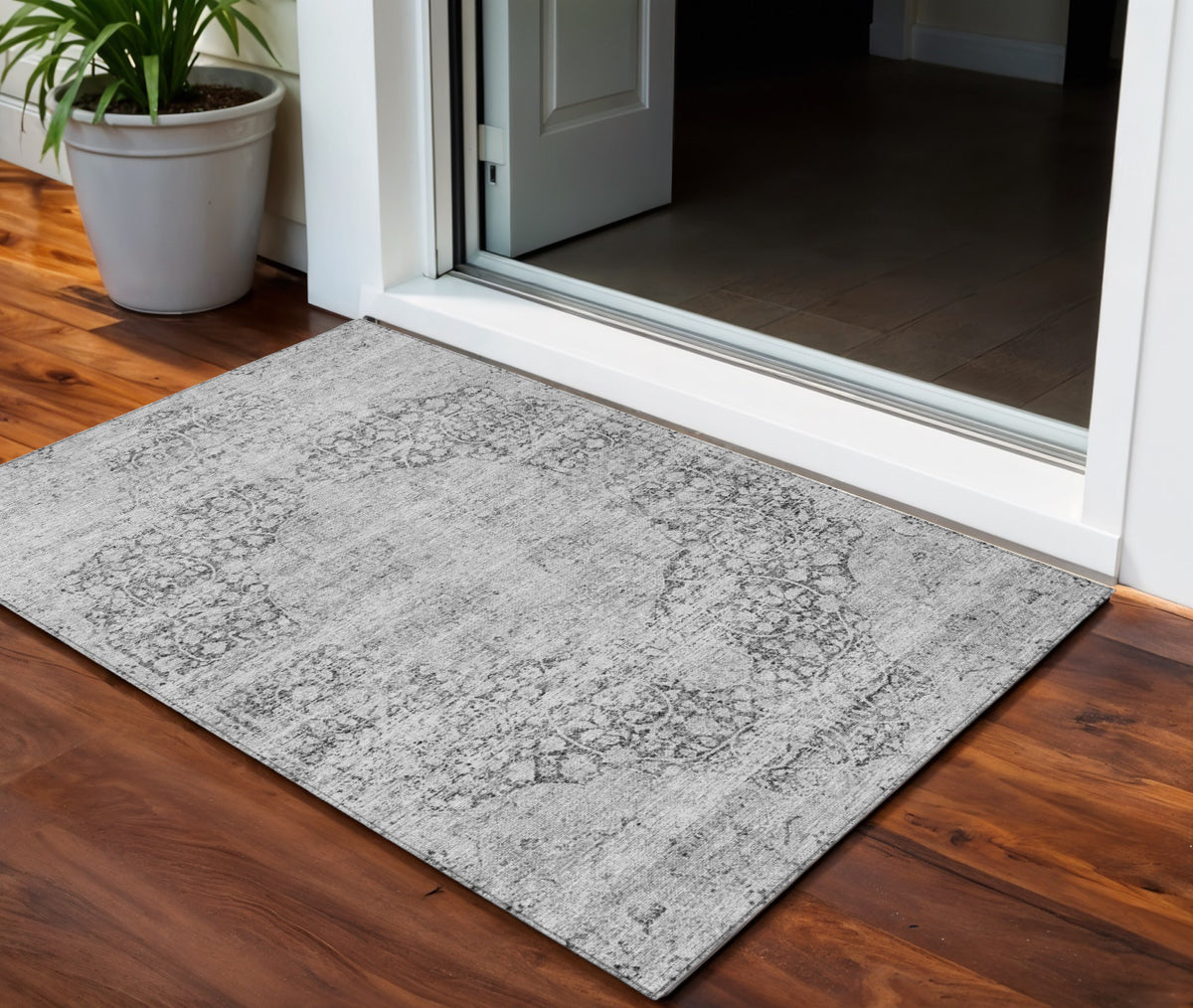 3' X 5' Gray And Ivory Oriental Washable Indoor Outdoor Area Rug