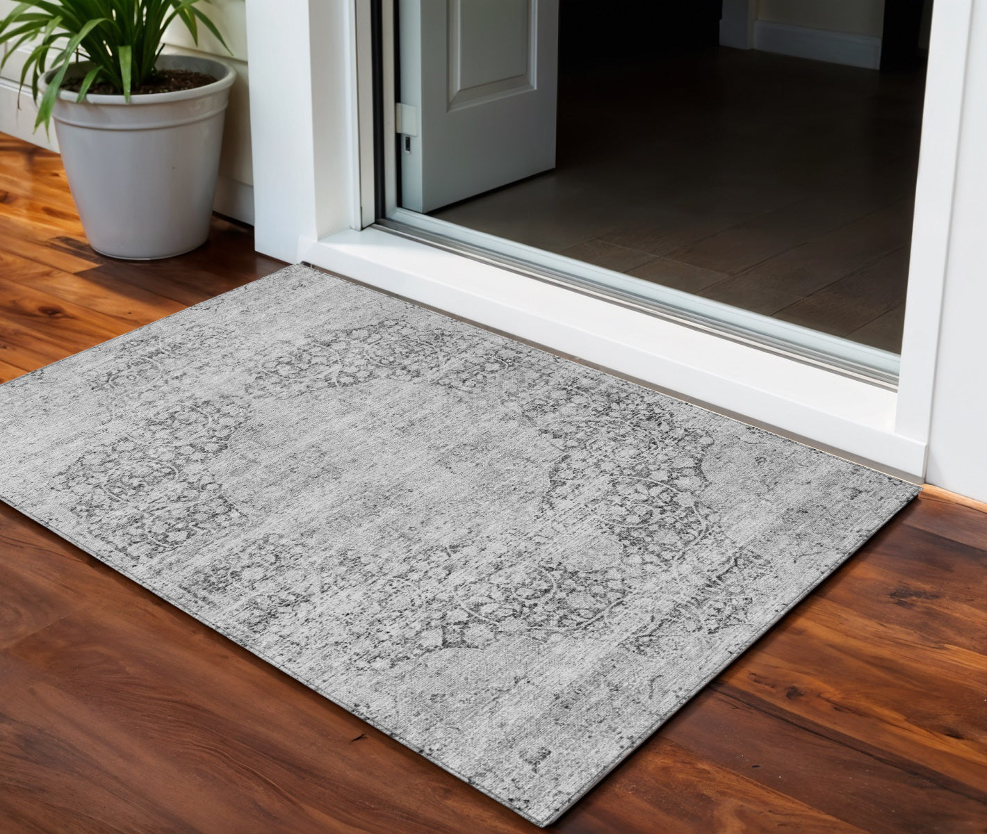 3' X 5' Gray And Ivory Oriental Washable Indoor Outdoor Area Rug