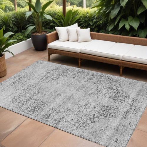 10' X 14' Gray And Ivory Oriental Washable Indoor Outdoor Area Rug
