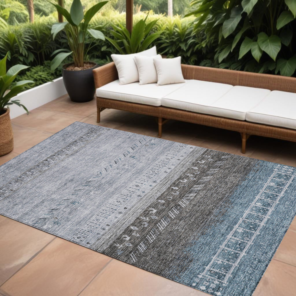 10' X 14' Blue Gray And Charcoal Southwestern Washable Indoor Outdoor Area Rug