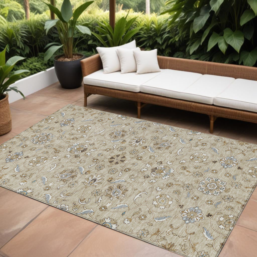 10' X 14' Beige Blue And Brown Moroccan Washable Indoor Outdoor Area Rug
