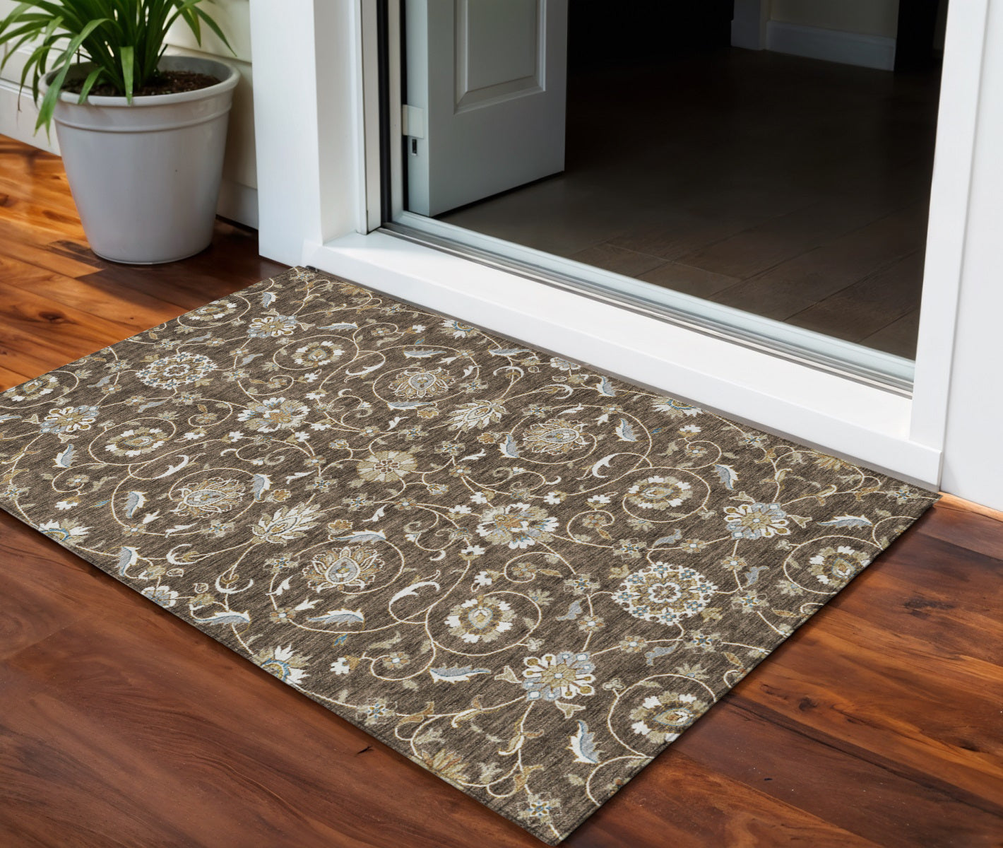 3' X 5' Chocolate Ivory And Gray Moroccan Washable Indoor Outdoor Area Rug