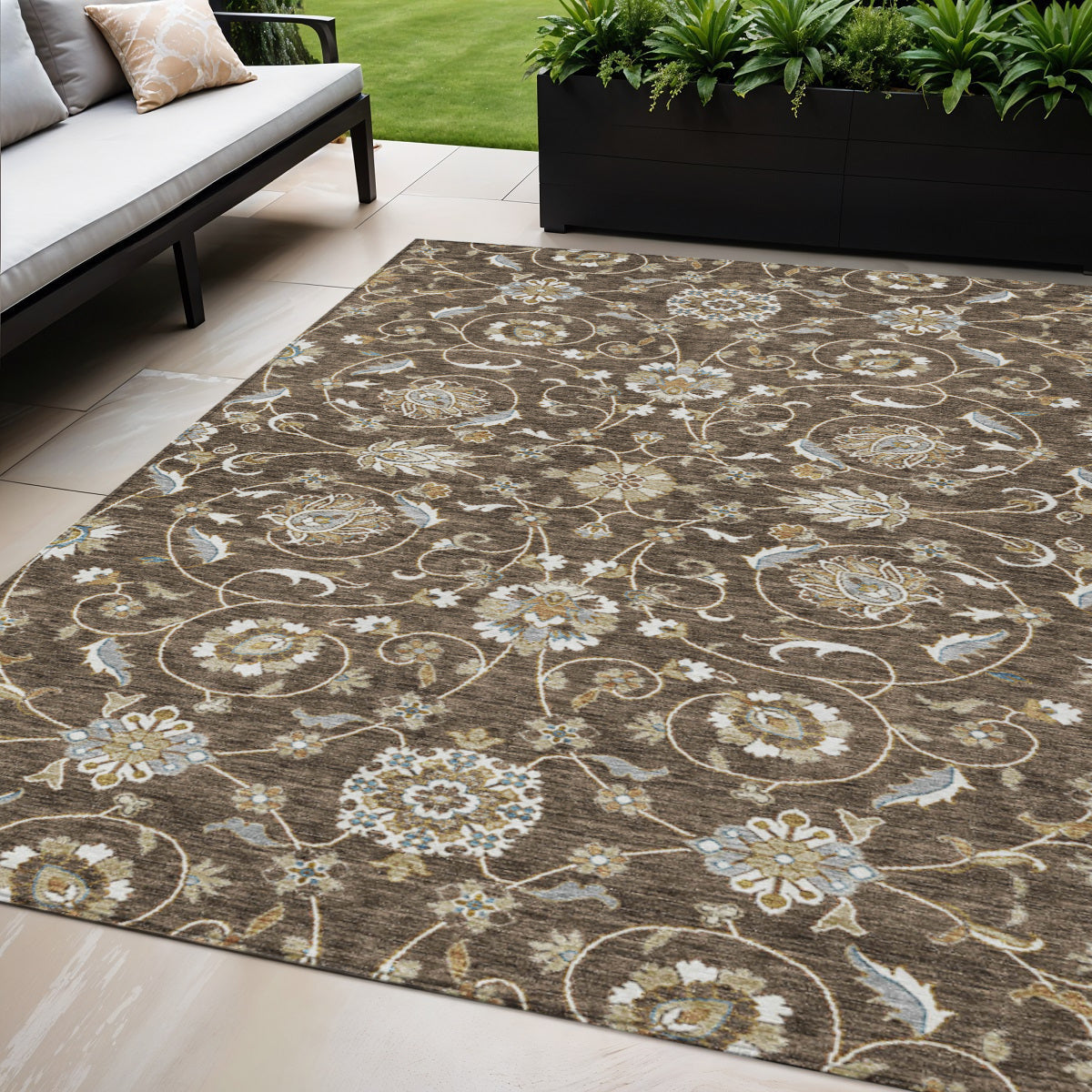5' X 8' Chocolate Ivory And Gray Moroccan Washable Indoor Outdoor Area Rug
