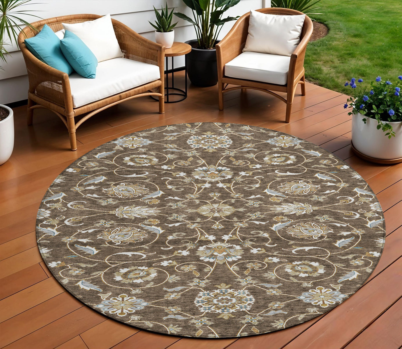 8' Chocolate Ivory And Gray Round Moroccan Washable Indoor Outdoor Area Rug