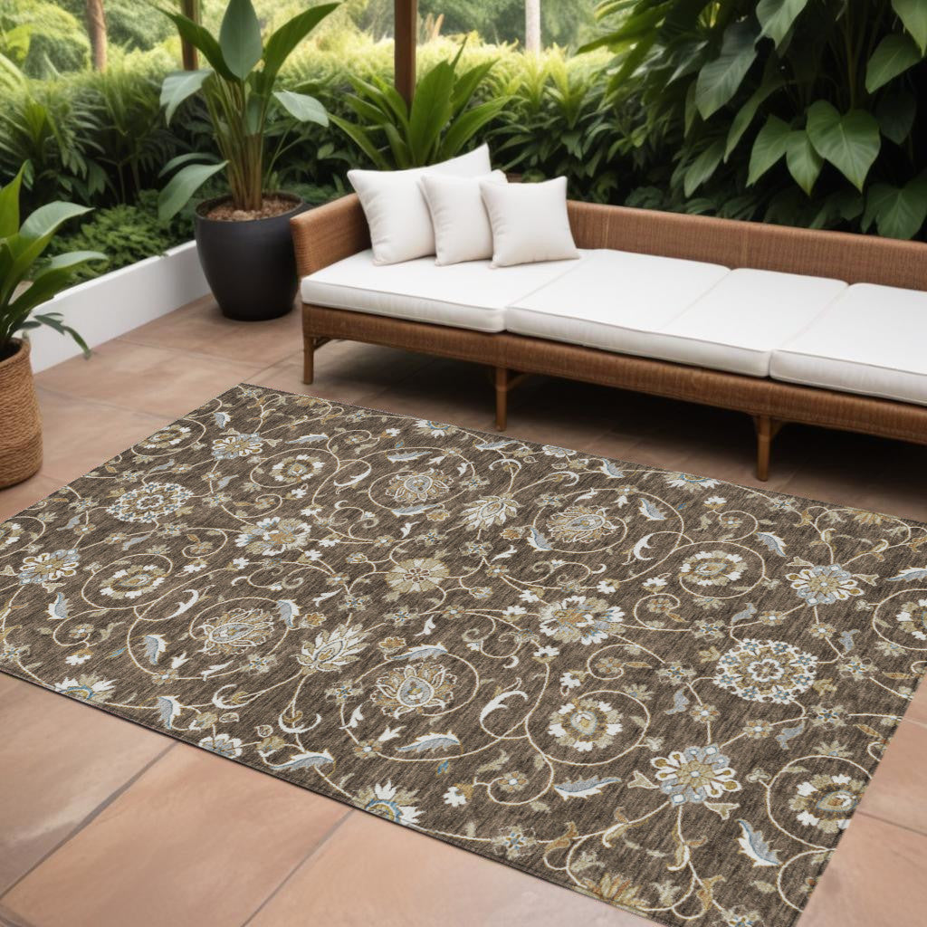 9' X 12' Chocolate Ivory And Gray Moroccan Washable Indoor Outdoor Area Rug