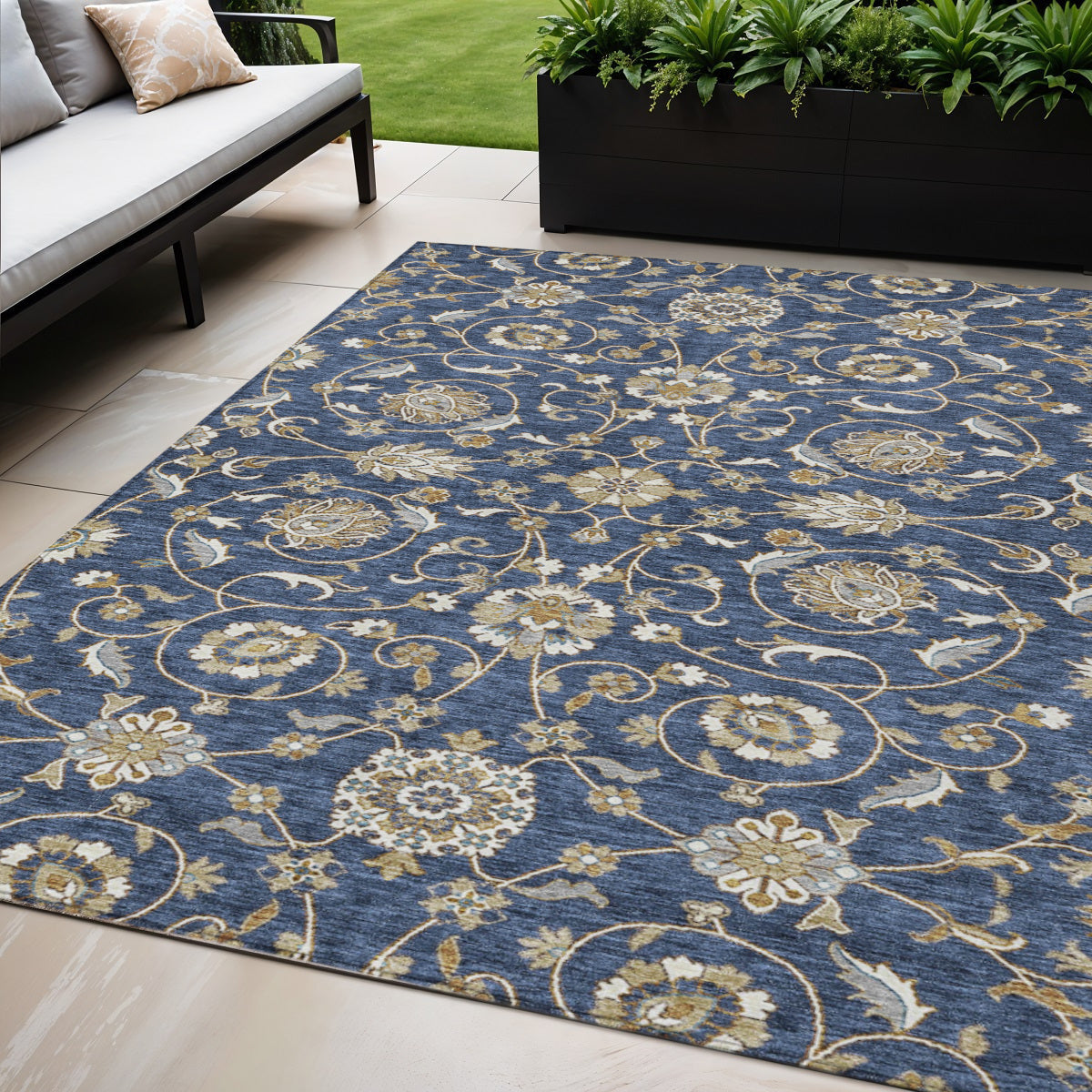 5' X 8' Navy Blue Brown And Ivory Moroccan Washable Indoor Outdoor Area Rug