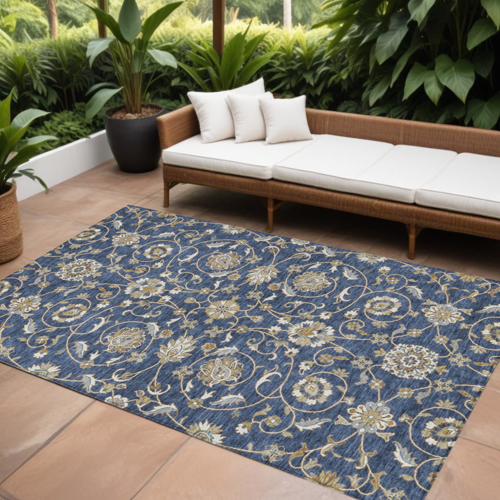 9' X 12' Navy Blue Brown And Ivory Moroccan Washable Indoor Outdoor Area Rug