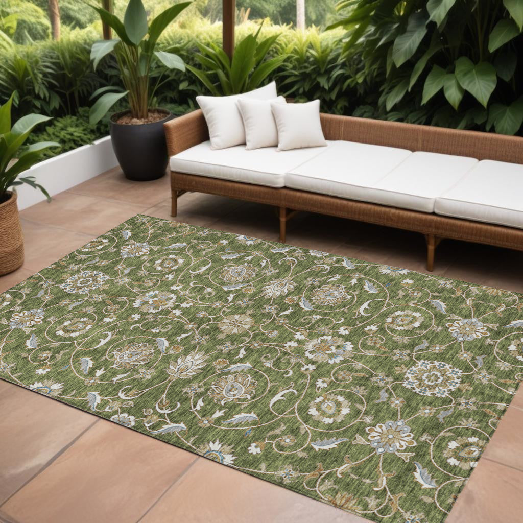 10' X 14' Olive Green Brown And Ivory Moroccan Washable Indoor Outdoor Area Rug