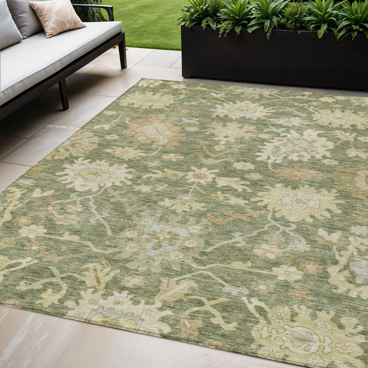 5' X 8' Artichoke Green Ivory And Tan Floral Washable Indoor Outdoor Area Rug