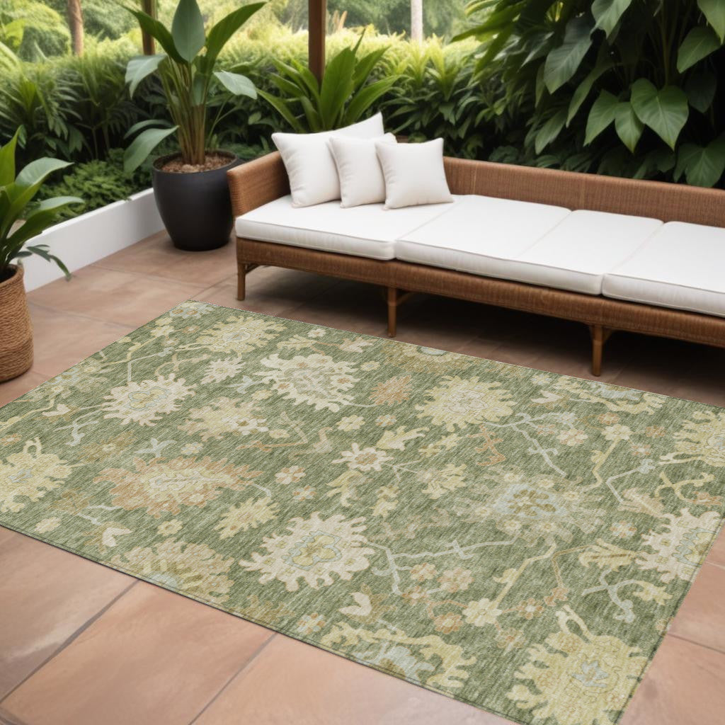 9' X 12' Artichoke Green Ivory And Tan Floral Washable Indoor Outdoor Area Rug
