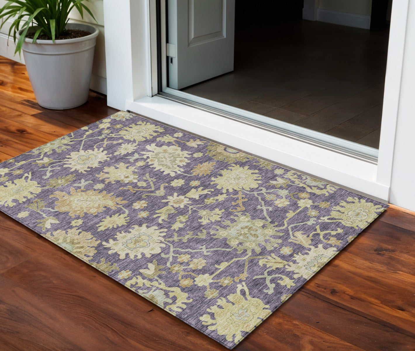 3' X 5' Eggplant Beige And Green Floral Washable Indoor Outdoor Area Rug