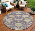 8' Eggplant Beige And Green Round Floral Washable Indoor Outdoor Area Rug