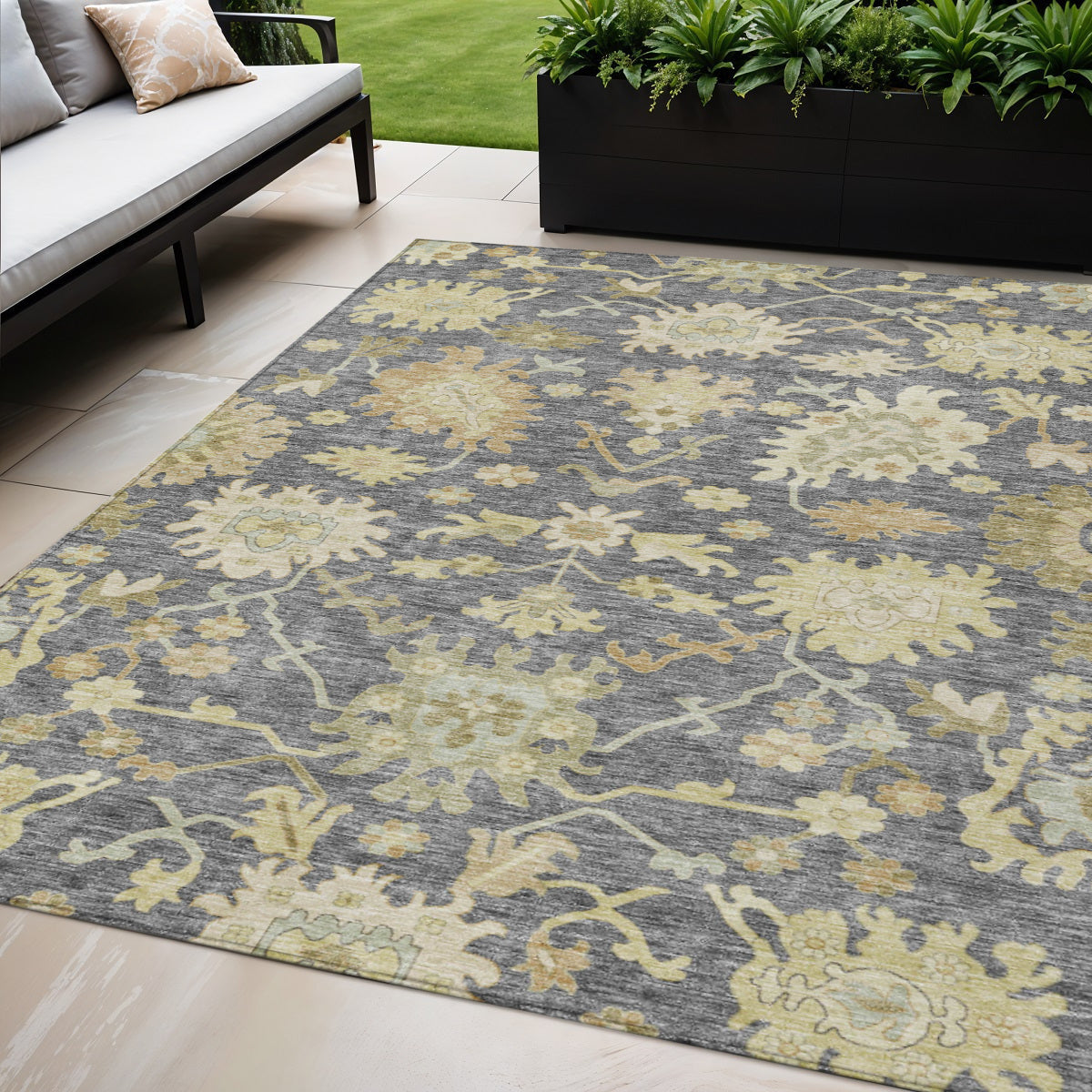 5' X 8' Gray Ivory And Green Floral Washable Indoor Outdoor Area Rug