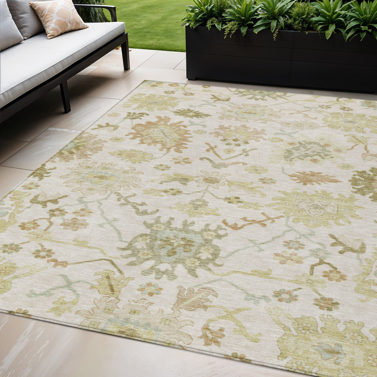5' X 8' Ivory Green And Tan Floral Washable Indoor Outdoor Area Rug