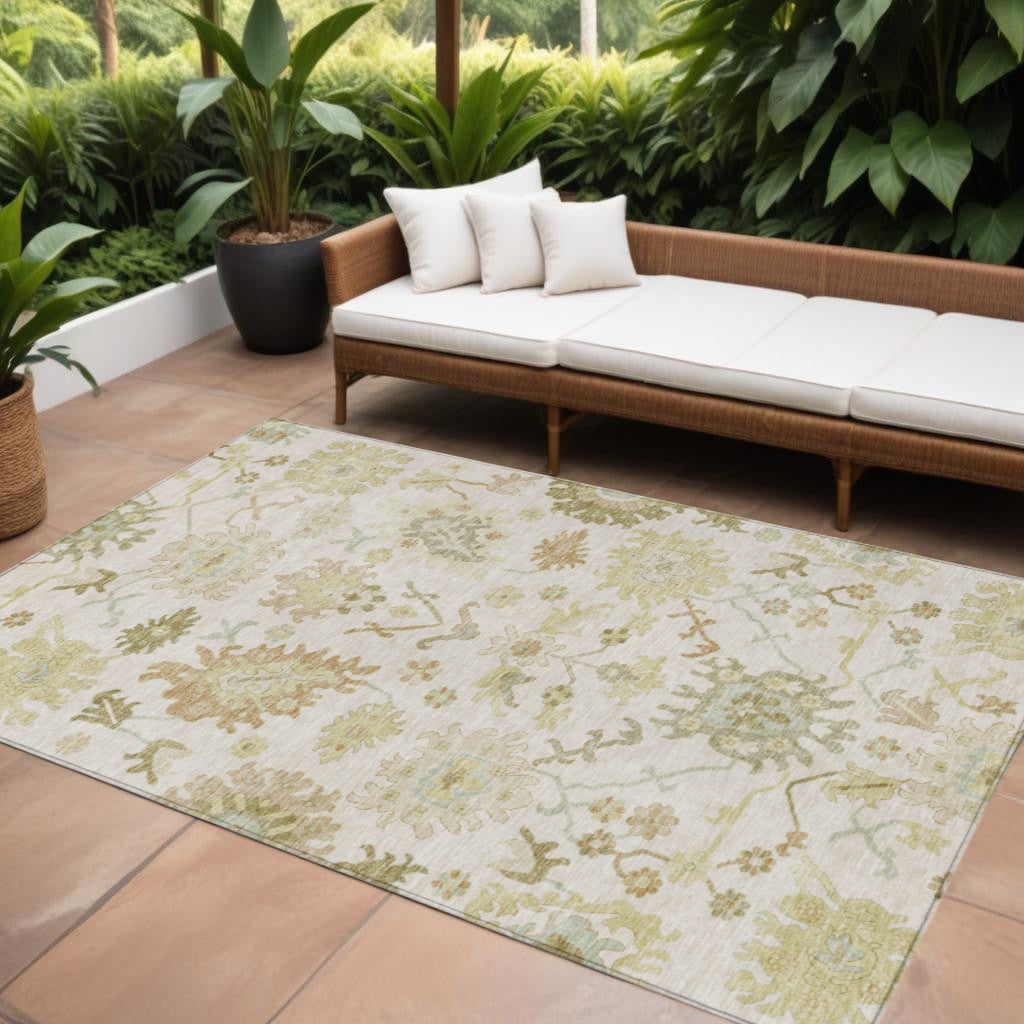 9' X 12' Ivory Green And Tan Floral Washable Indoor Outdoor Area Rug