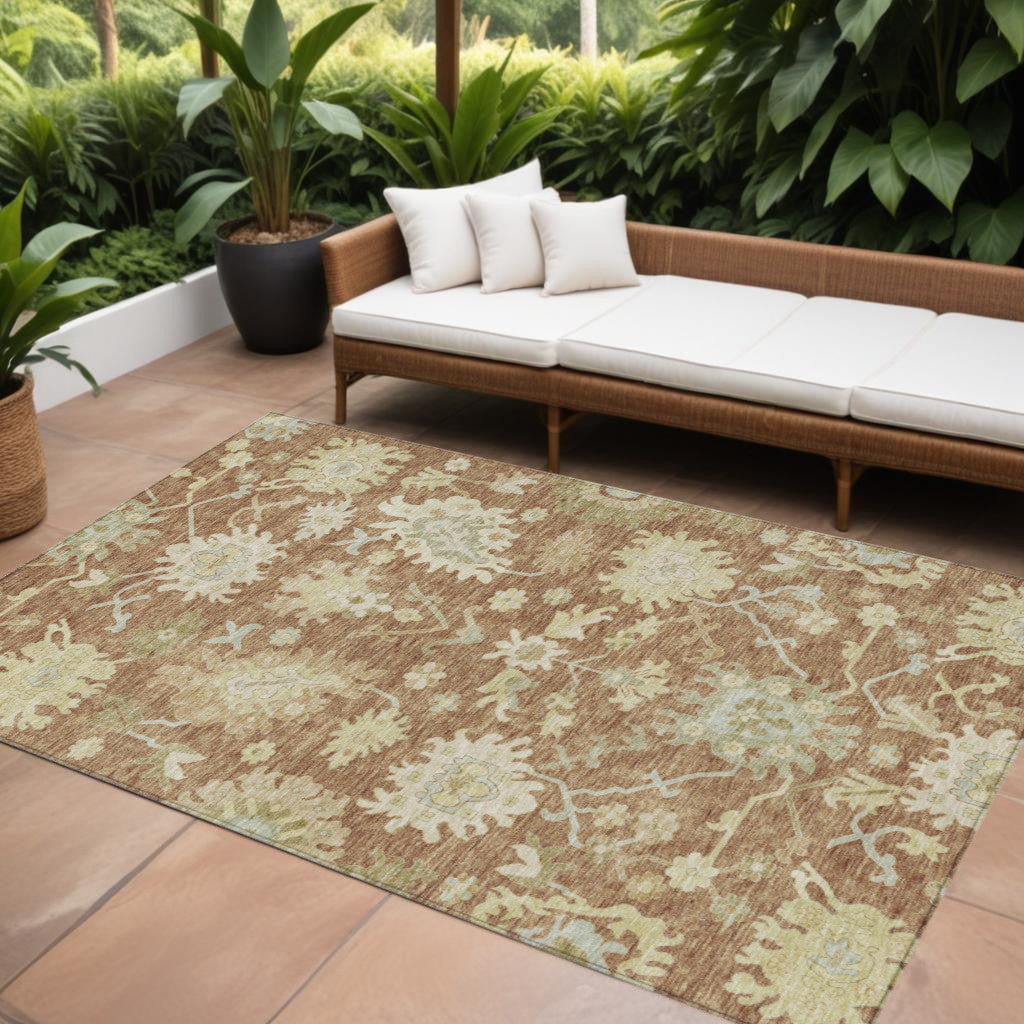 9' X 12' Copper Green And Ivory Floral Washable Indoor Outdoor Area Rug
