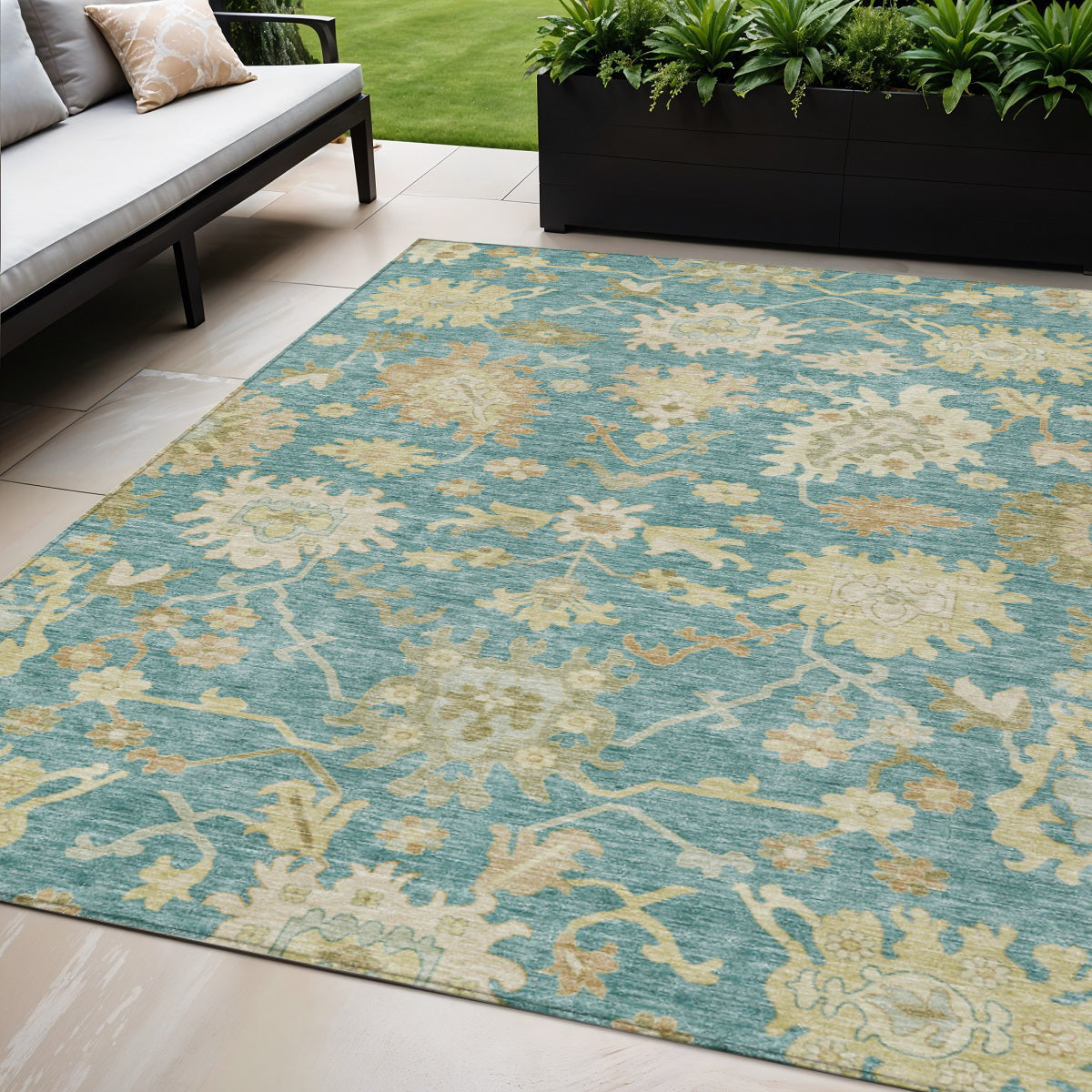 5' X 8' Teal Blue Ivory And Green Floral Washable Indoor Outdoor Area Rug